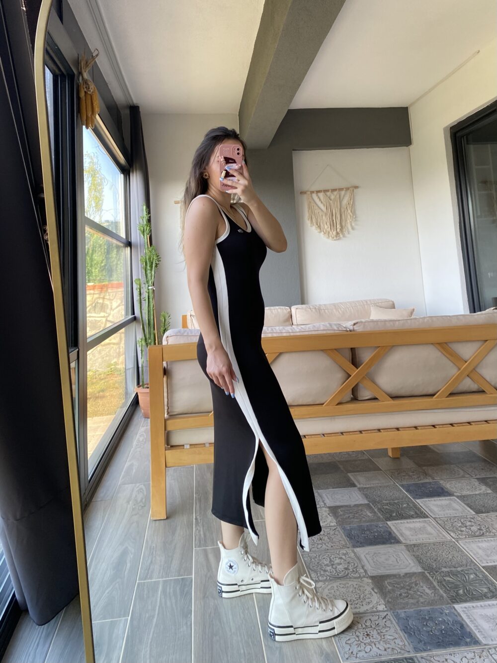 Siyah Ekru Biyeli Yan Yırtmaçlı Marka Model Elbise - Görsel 3