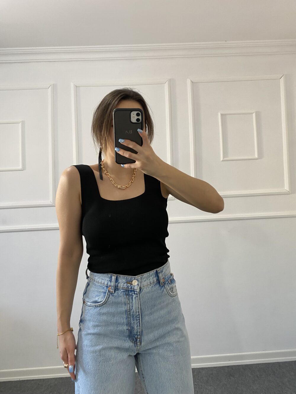 Premium Kare Yaka Askılı Bluz Siyah