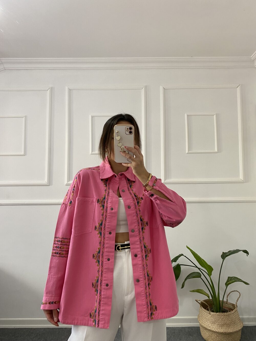 Pembe Nakışlı Gabardin Ceket