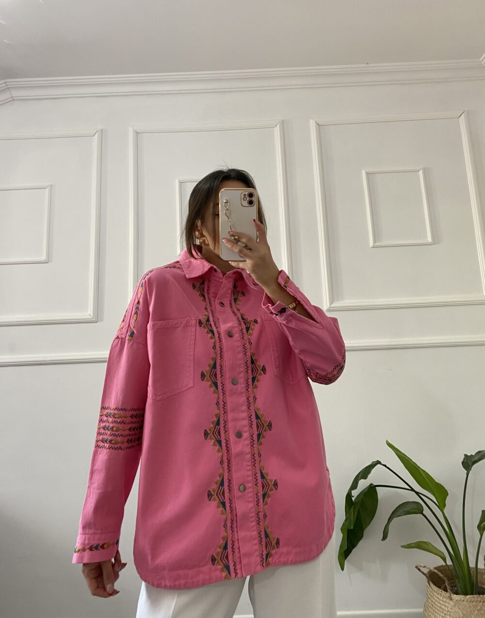 Pembe Nakışlı Gabardin Ceket - Görsel 5
