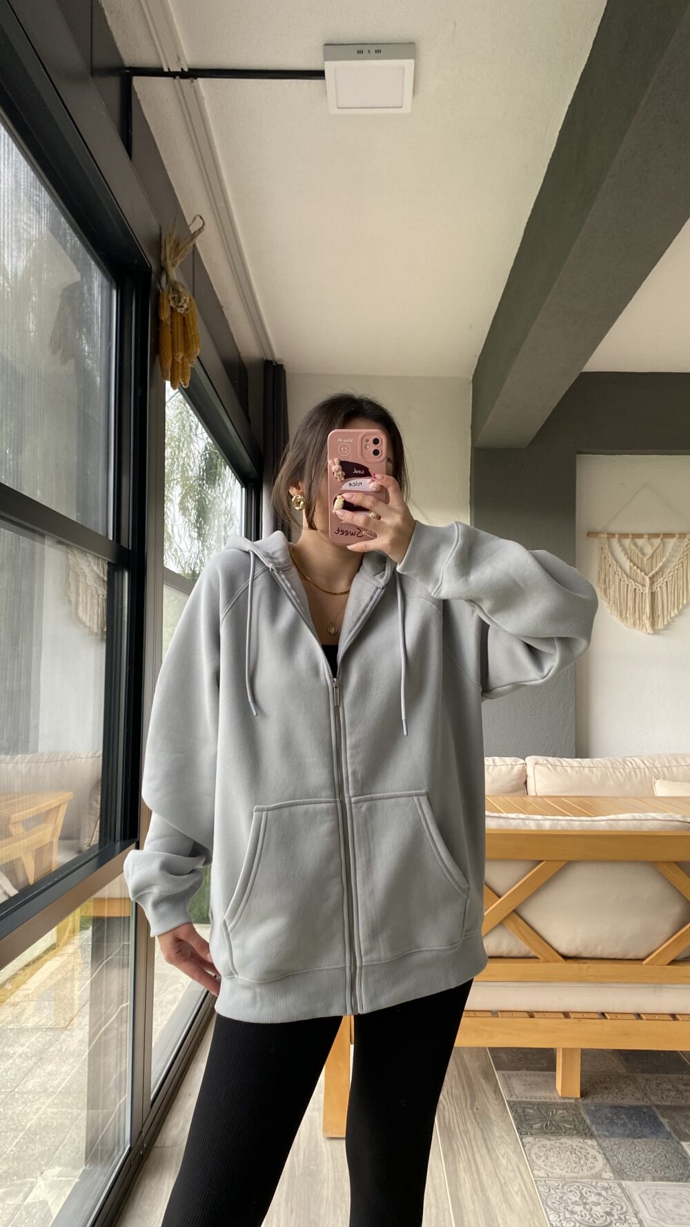 Kapüşonlu Oversize Gri Hırka - Görsel 2