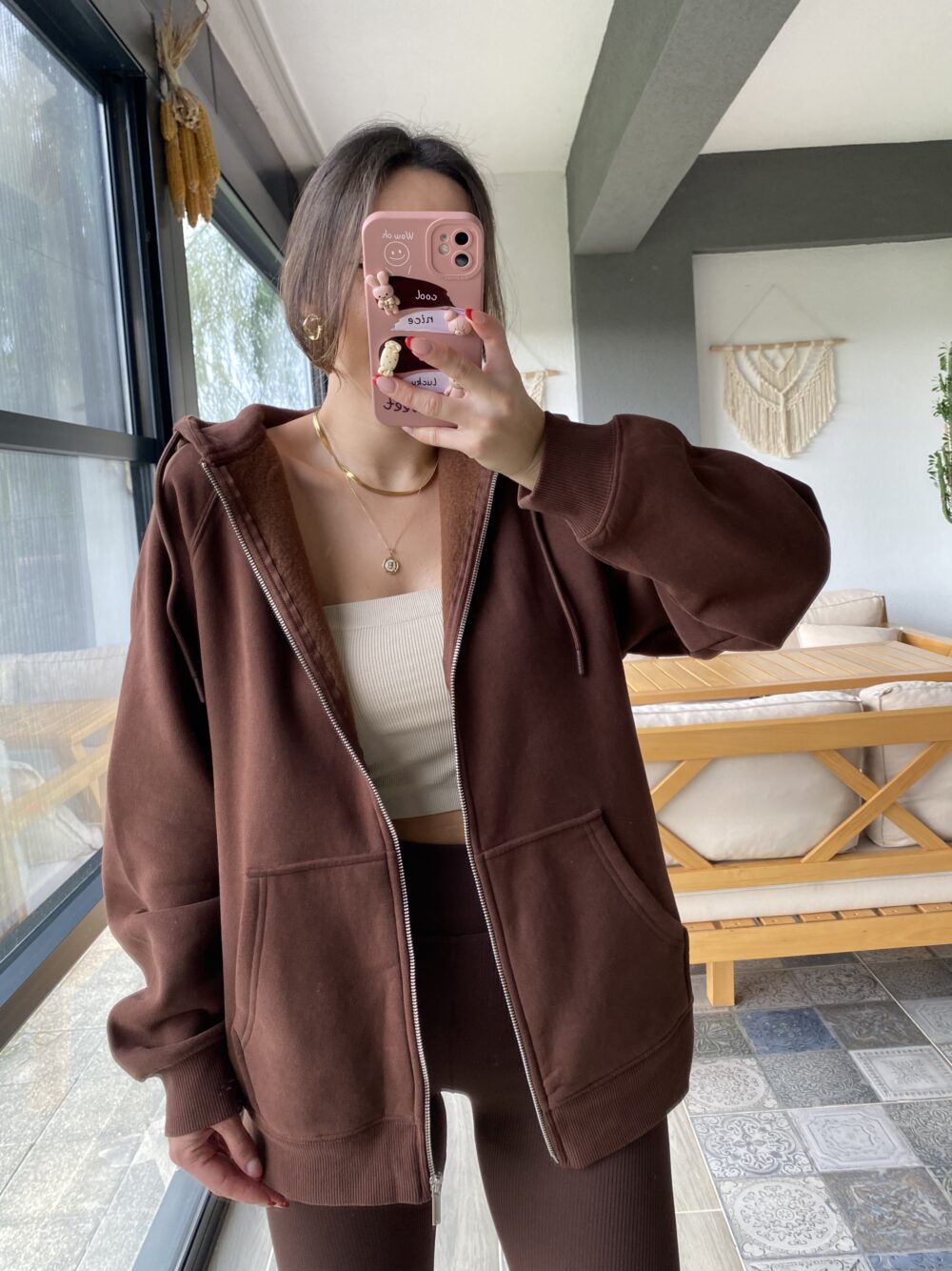 Kapüşonlu Oversize Kahverengi Hırka - Görsel 3
