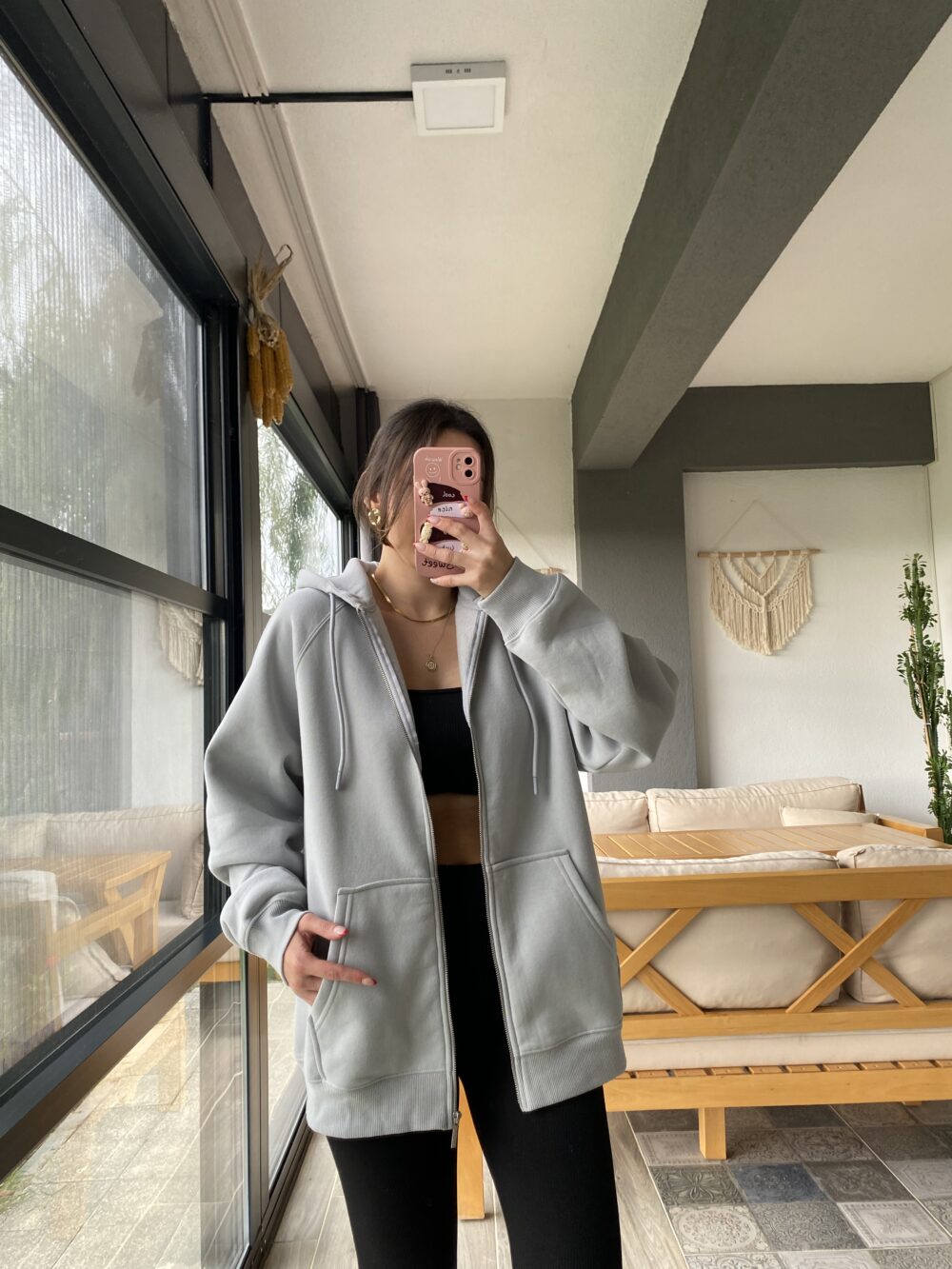 Kapüşonlu Oversize Gri Hırka