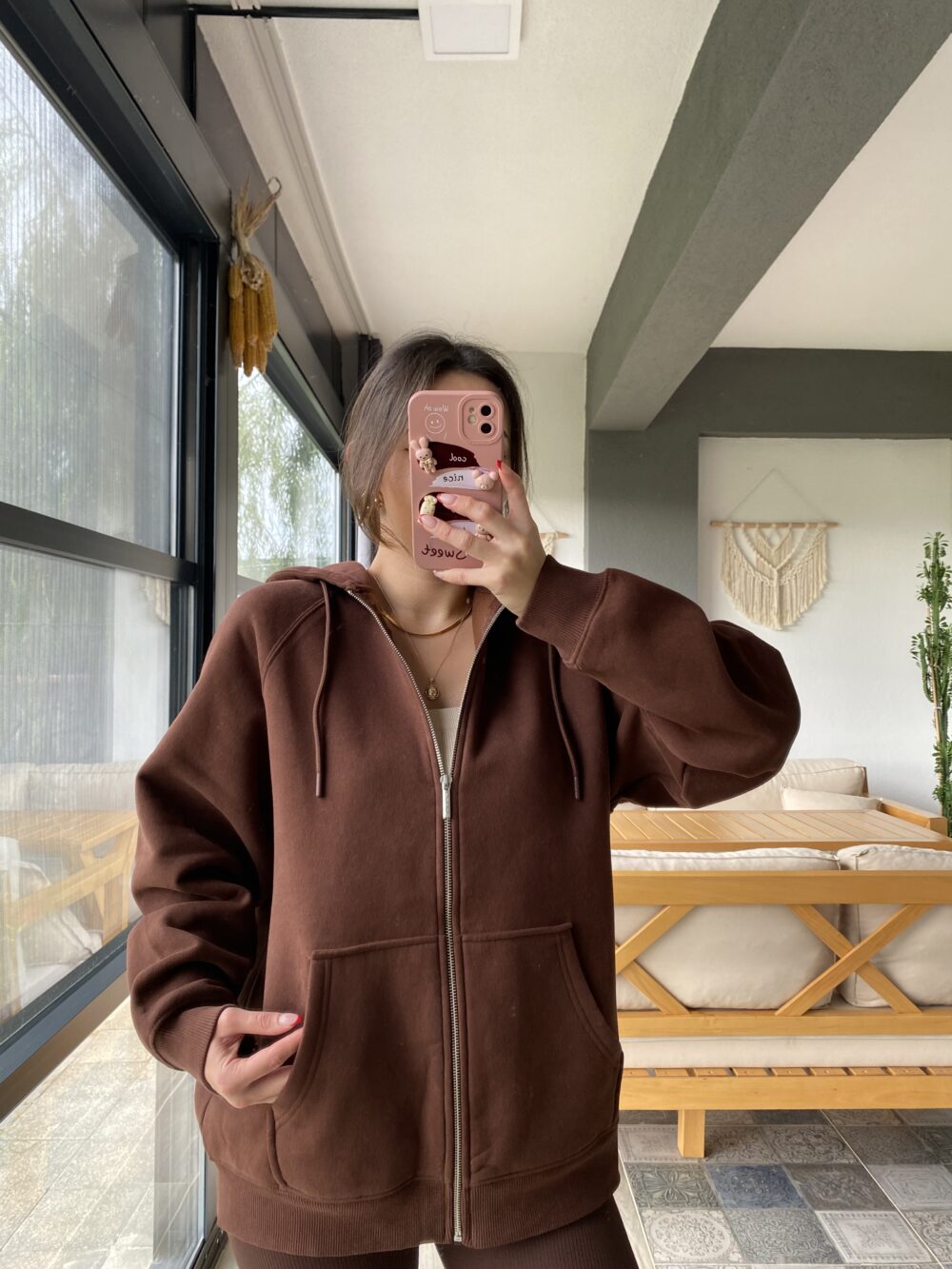 Kapüşonlu Oversize Kahverengi Hırka - Görsel 4
