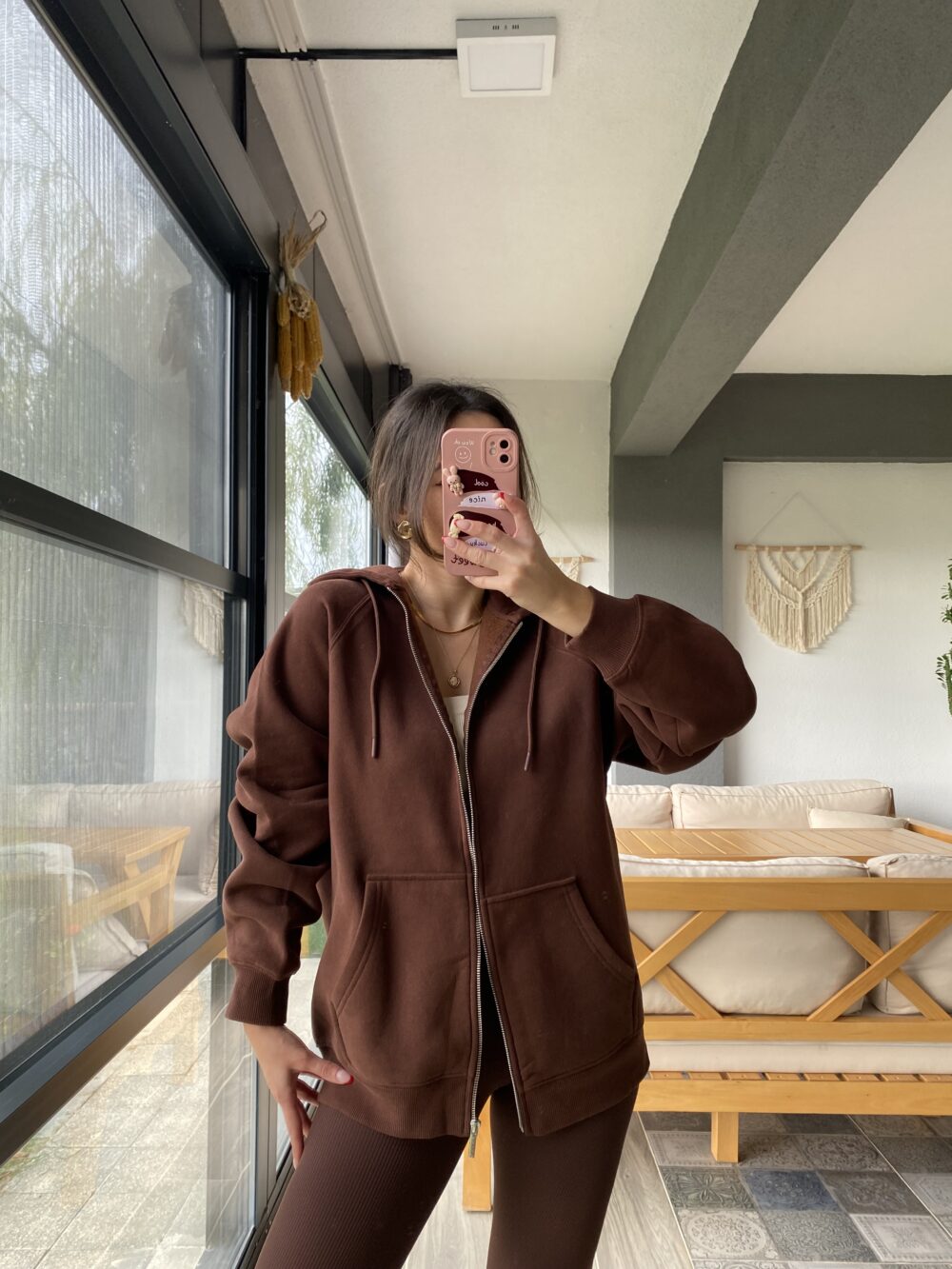 Kapüşonlu Oversize Kahverengi Hırka - Görsel 5
