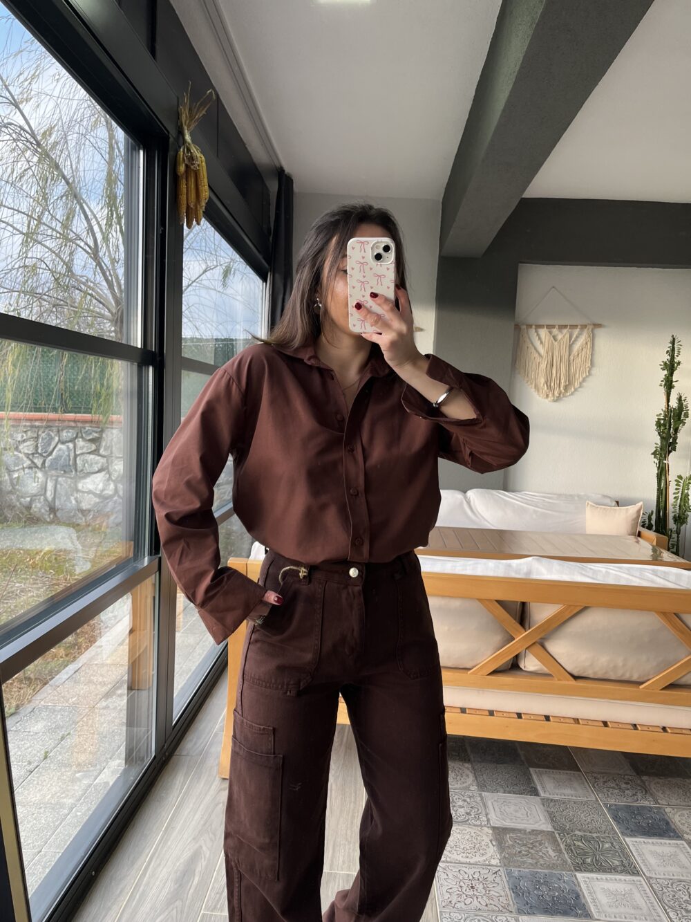 Kahverengi Yan Yırtmaçlı Poplin Kumaş Gömlek - Görsel 2