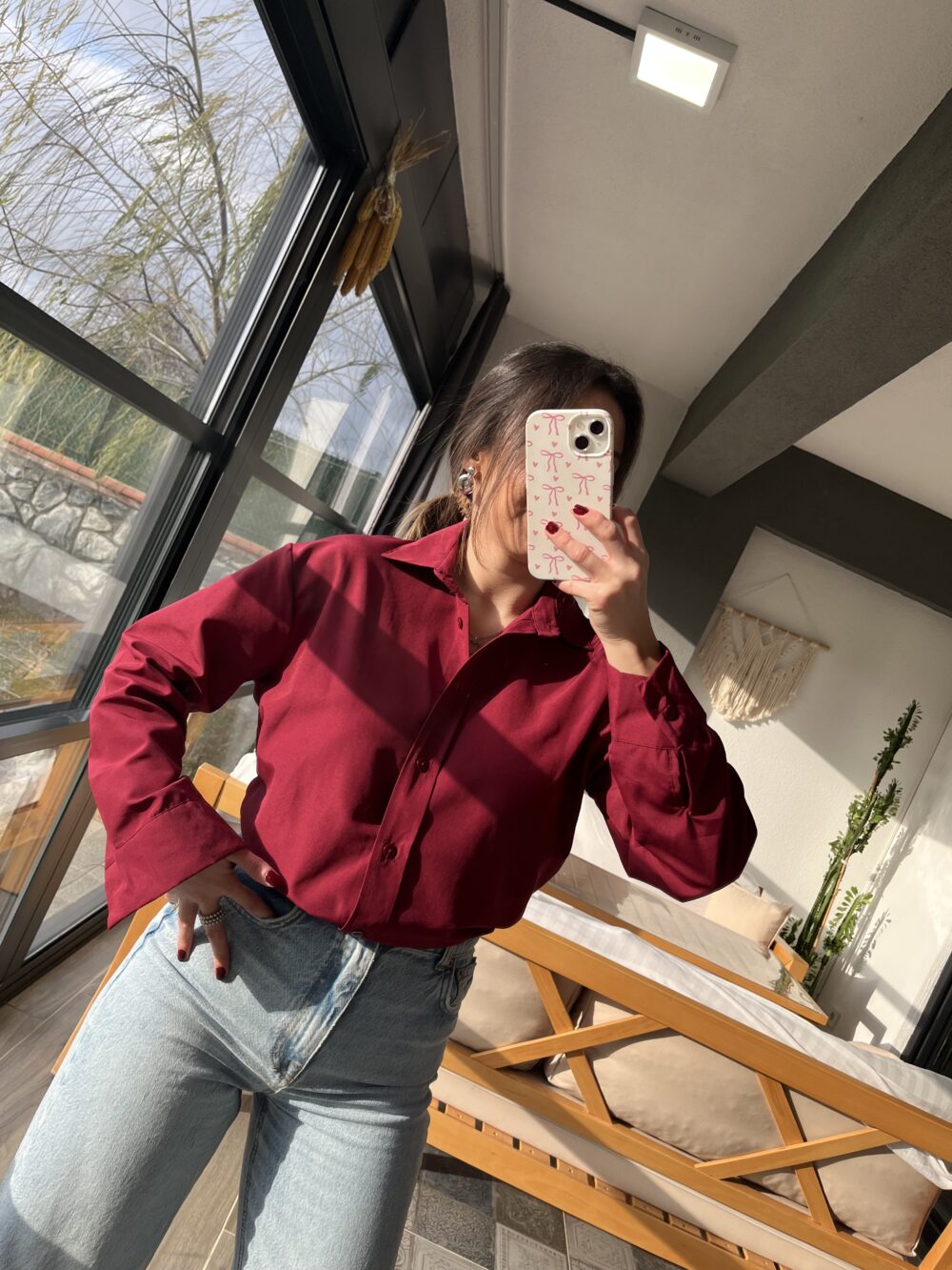 Bordo Yan Yırtmaçlı Poplin Kumaş Gömlek - Görsel 3