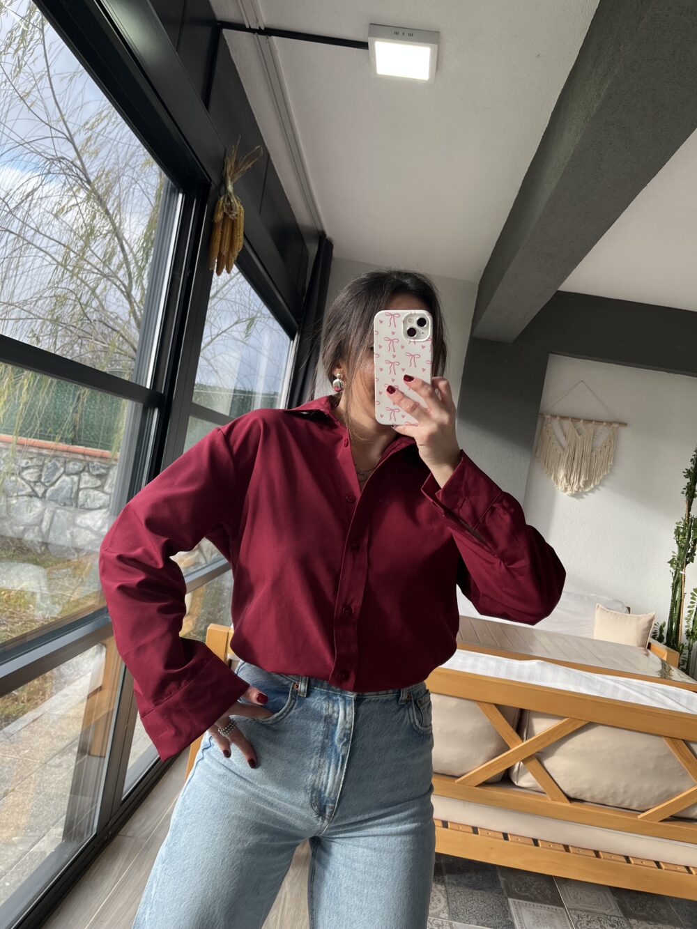 Bordo Yan Yırtmaçlı Poplin Kumaş Gömlek
